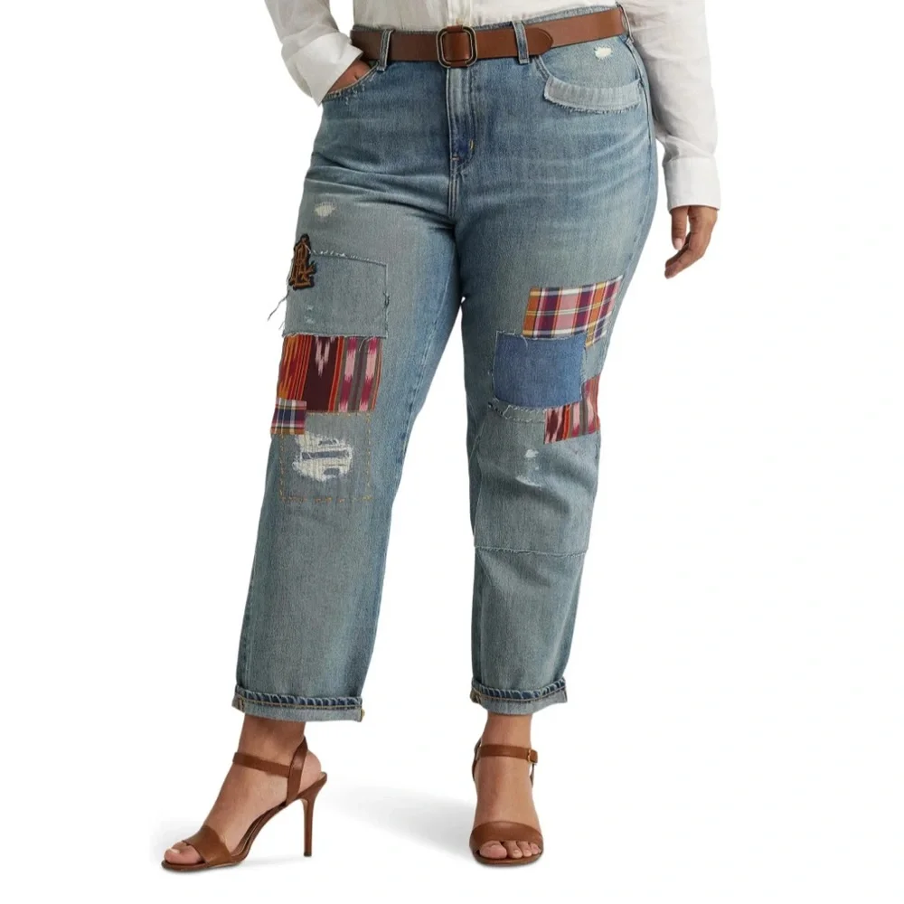 New Ralph Lauren Plus Size Patchwork Boho Relaxed Tapered Jeans in Skye Wash - Picture 3 of 12
